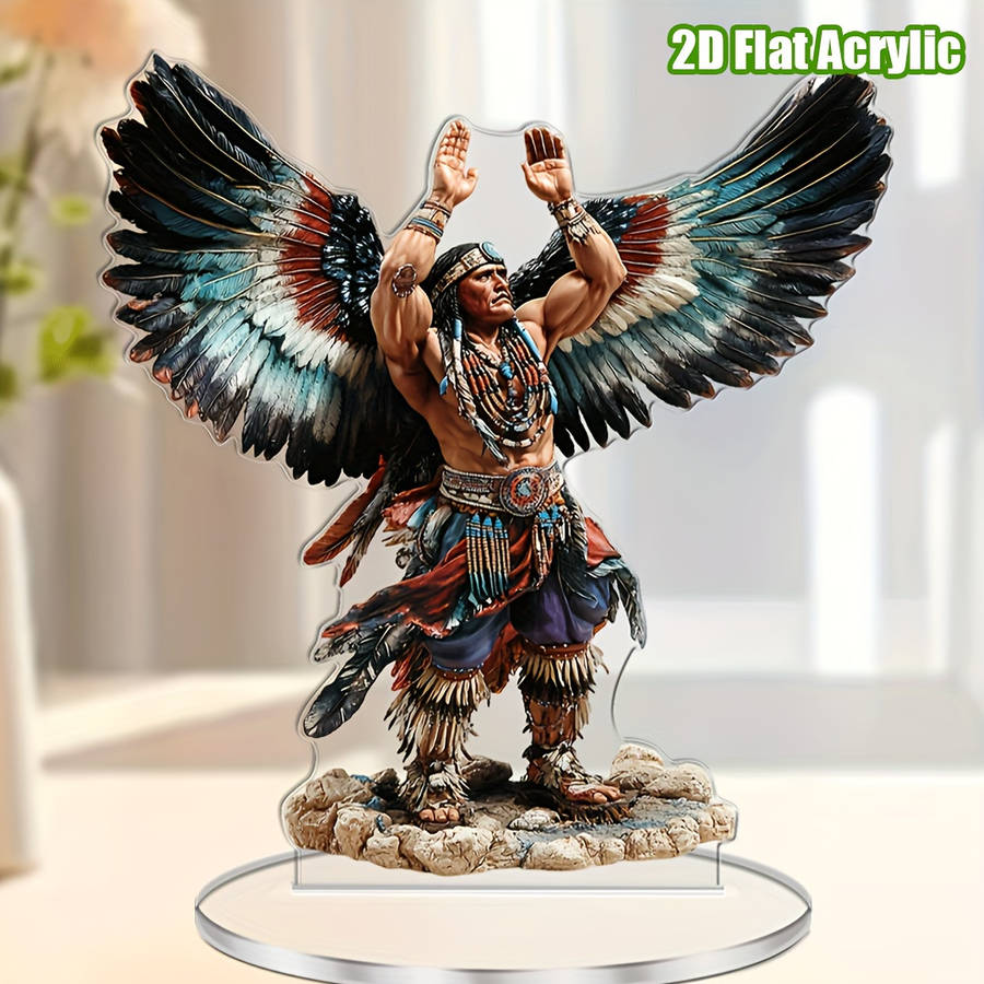 1pc 2D Flat  Acrylic Native American Warrior Figure with Vibrant Feathered Wings Inspirational Boh