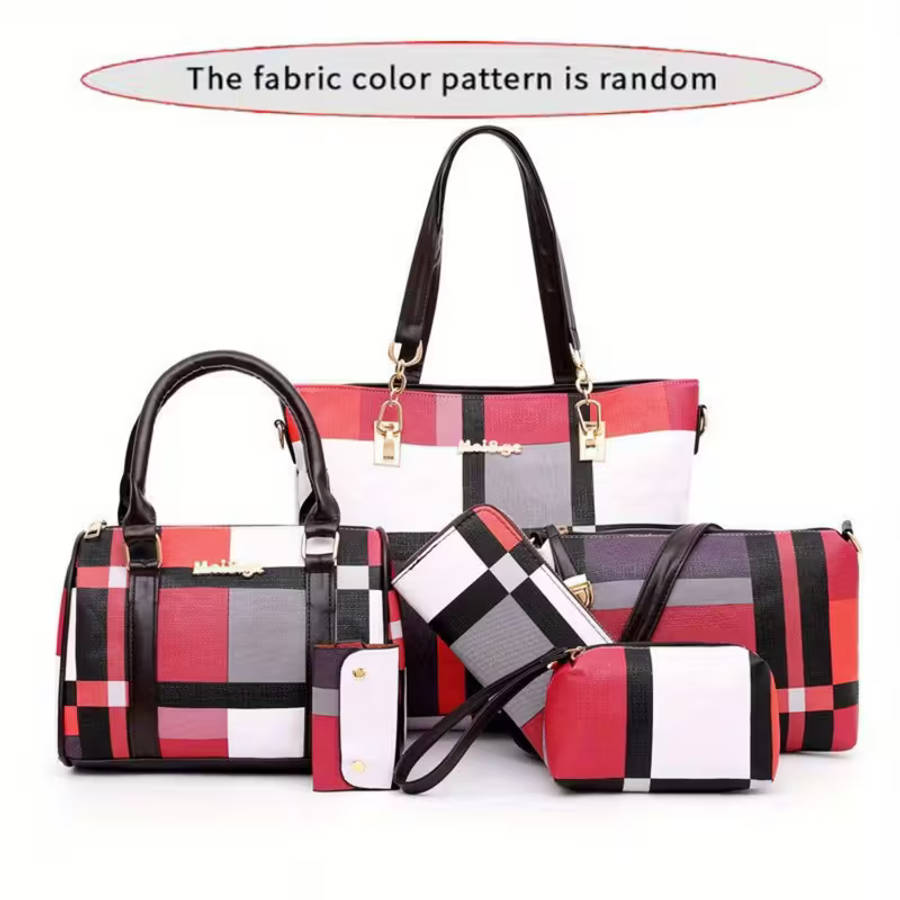 6Pcs Women Plaid Bag Set Tote Crossbody,Clutch Wallets