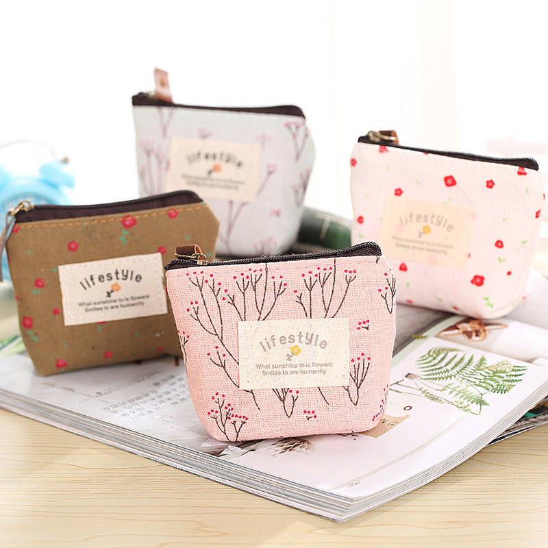 1pc Chic Floral Canvas Coin Purse Key Pouch Compact Zippered Wallet with Earphone Storage Ligh