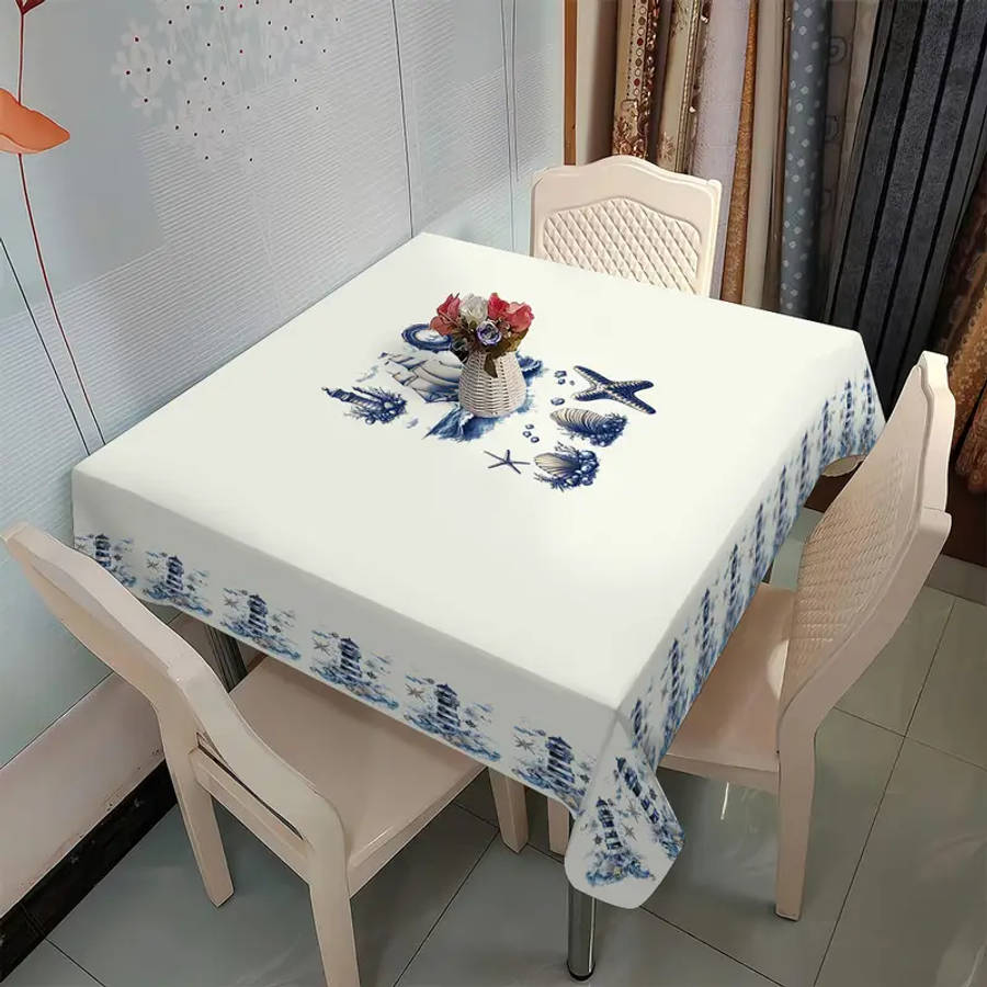 Sailboat Starfish Shell Lighthouse Pattern Table Runner Size 140X180Cm Ocean Theme Polyester