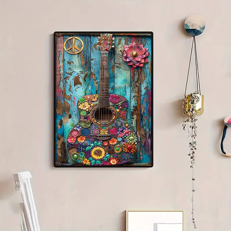 1pc Boho Chic Vintage Guitar Canvas Art Print Colorful Hippie Style Wall Decor Unframed Poster for H