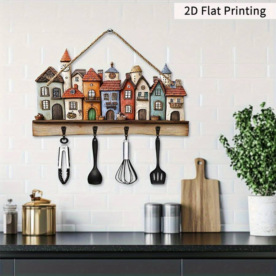 2D Flat Wooden TownhouseHome Wooden Key Holder 29.97 cm x 22.86 cm with Four Metal HooksMultif