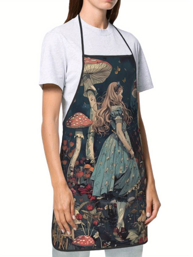 1pc Vintage Style Woven Polyester Apron 100% Polyester Fabric with Whimsical Mushroom and Floral