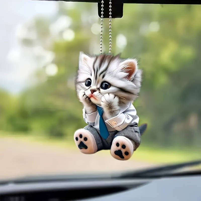 1pc 2D Flat  Adorable Shy Cat Acrylic Hanging Ornament Collectible Feline Memorial with Blue Shirt