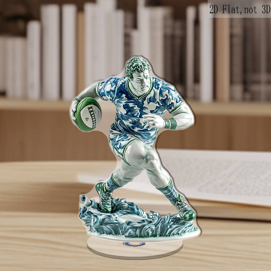 2D Flat Rotating Acrylic Rugby Player Figurine Blue and White Porcelain Style Relax Deskt