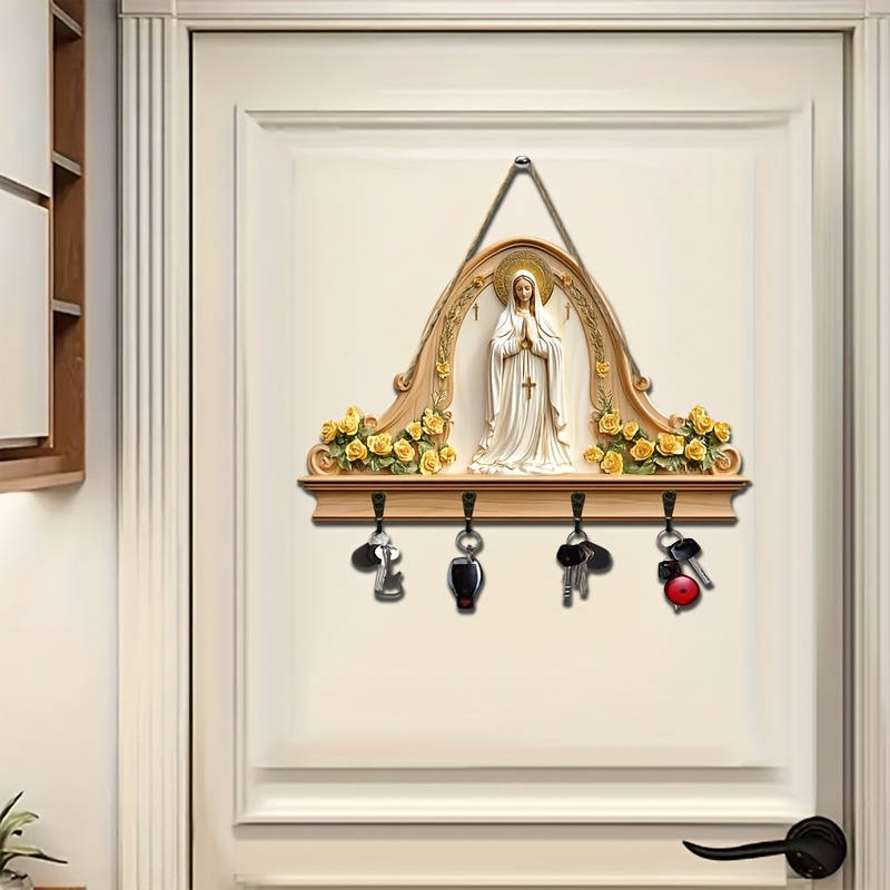 A Simple And Colorful Wooden Key Holder Featuring a Religious Prayer Equipped with Four Metal Hooks