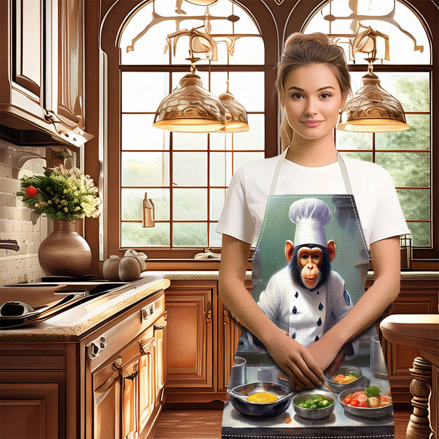1pc Creative Monkey Chef Pattern Apron Adjustable Straps Durable Polyester Kitchen Cooking Bi