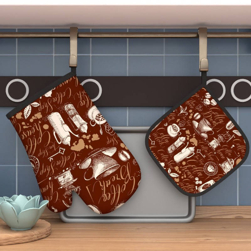 2pcs Vintage Coffee-Themed Heat-Resistant Oven Mitts Pot Holders 26.92x17.02 cm Brown with
