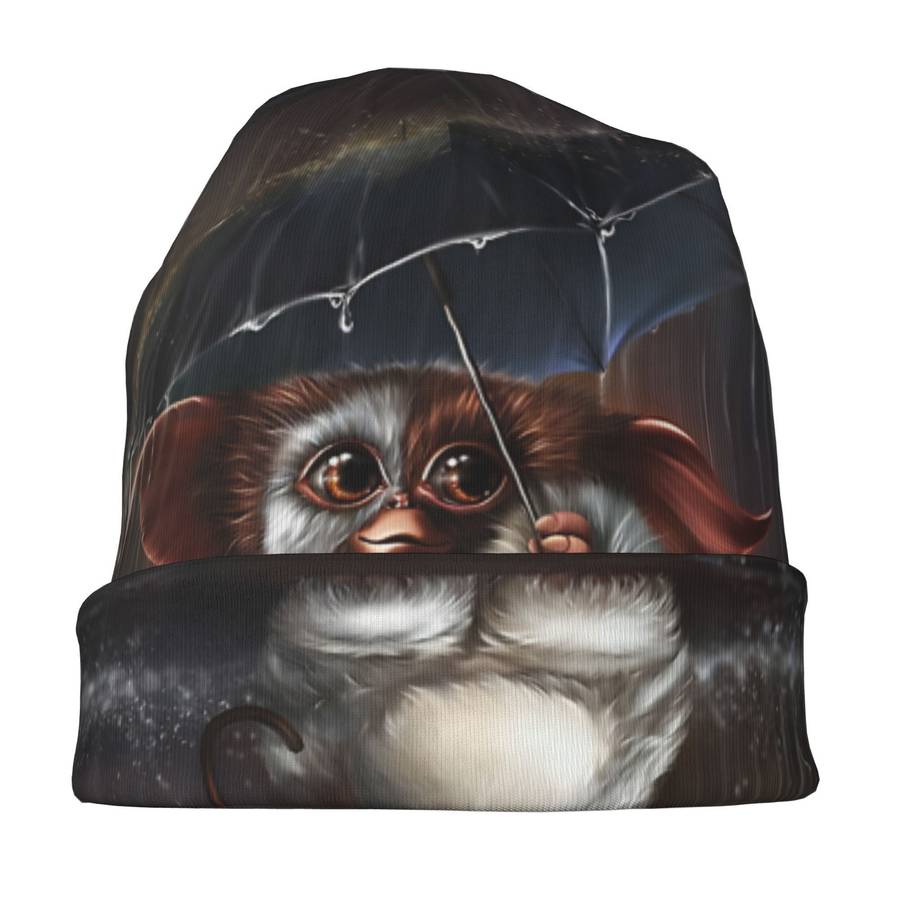 Whimsical Gizmo-Themed Skull Cap Cozy Knit Beanie With Cute Umbrella Rain Design Soft Pol