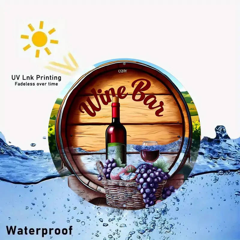 A Bottle Of Wine And a Basket Of Fruit In Front Of a Wreath Sign