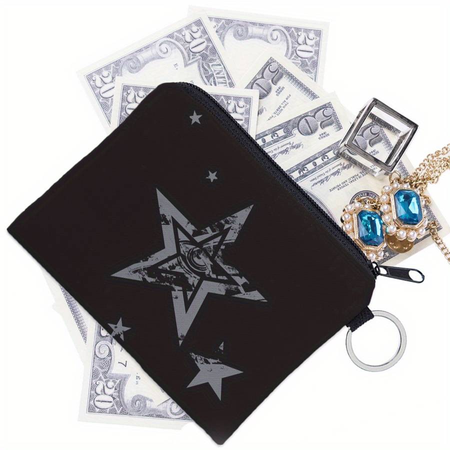 1pc Black Polyester Star Print Coin Purse with Keychain C 3D Pentagram Design Multi-Functional Zip