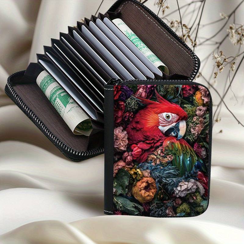1pc Tropical Parrot Print Womens Wallet Vibrant Floral Bird Design Multi-Card Slots Zipp