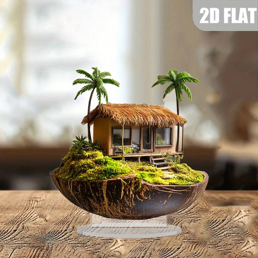 2D Flat Bohemian Tropical Island Acrylic Decor Statue Palm Tree Thatched Roof Design S