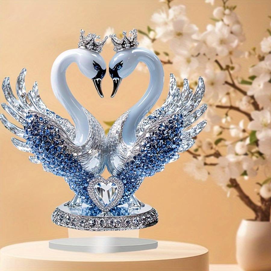 1pc 2D Flat   Ornate Style Acrylic Swan Statue with Heart Shaped Crown Romantic Desktop Decorat