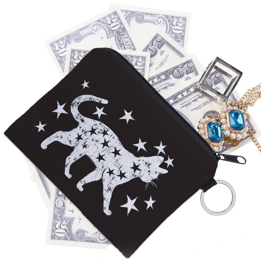 Stylish Black Cat Star Print Polyester Coin Purse C High Quality Portable Zipper Pouch