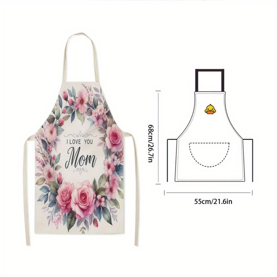 1pc Single-Piece Apron Floral Design with "I Love You Mom" Message Durable Polyester Unisex Kitc