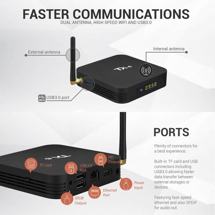 TX6 4K UHD Smart TV Box with Remote Controller, Android 7.1 Allwinner H6 Quad Core ARM Cortex-A53 1.