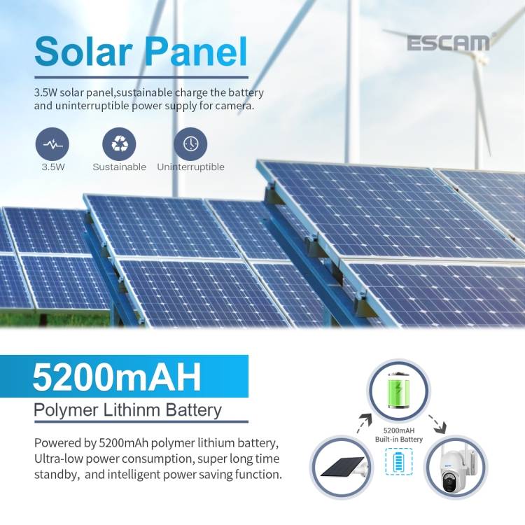 ESCAM QF103 3MP Cloud Storage PT WIFI PIR Alarm IP Camera with Solar Panel Battery Support Full Colo