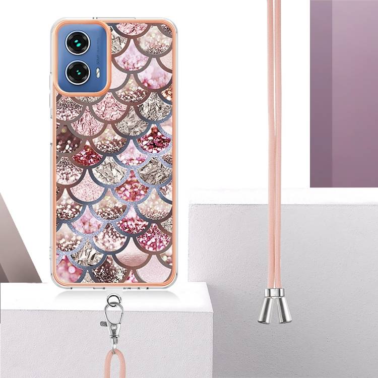 For Motorola Moto G34 Electroplating IMD TPU Phone Case with Lanyard(Pink Scales)