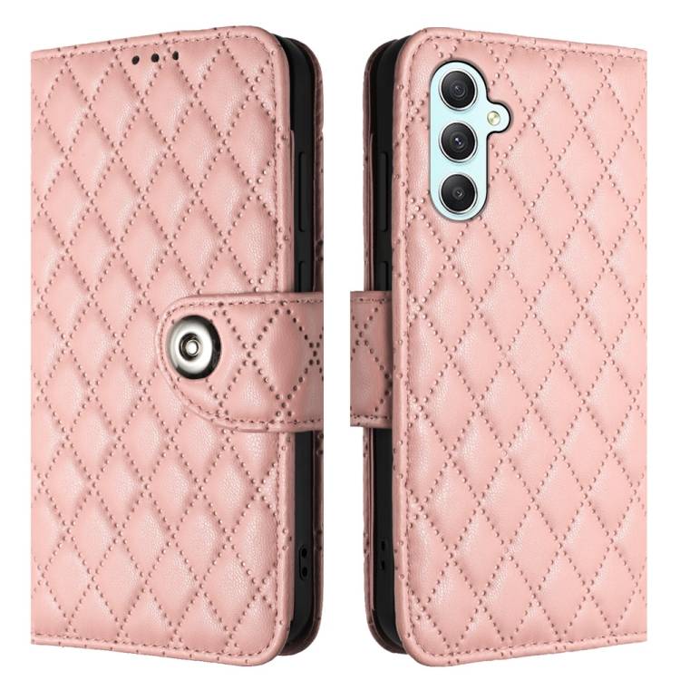 For Samsung Galaxy A54 Rhombic Texture Flip Leather Phone Case with Lanyard(Coral Pink)