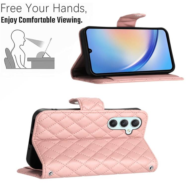 For Samsung Galaxy A54 Rhombic Texture Flip Leather Phone Case with Lanyard(Coral Pink)