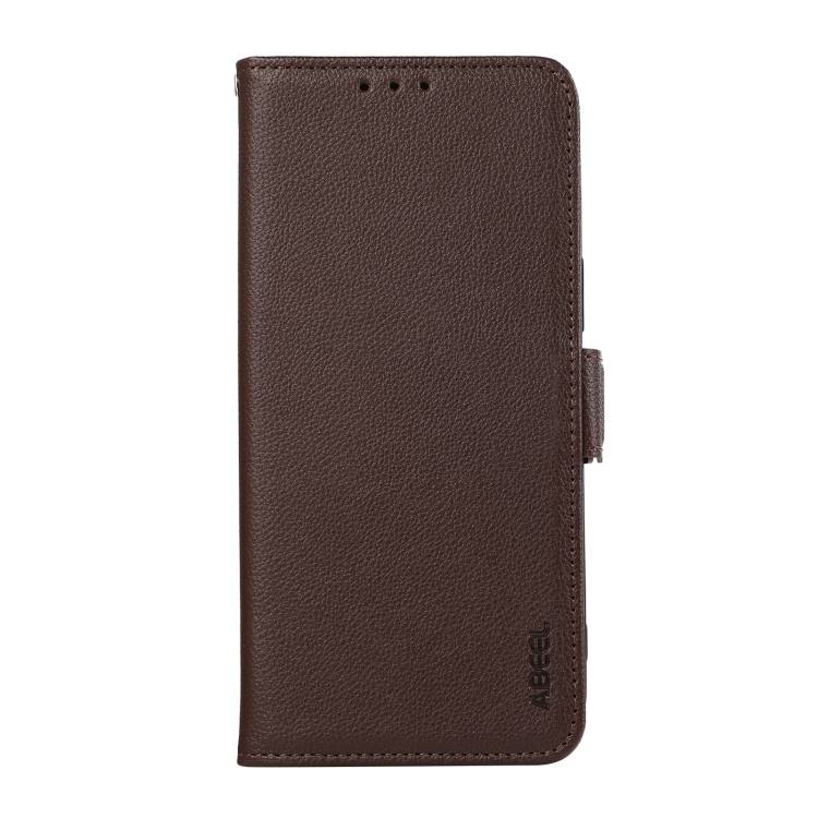 For iPhone 13 Pro Max ABEEL Side-Magnetic Litchi Pattern Leather RFID Phone Case(Brown)