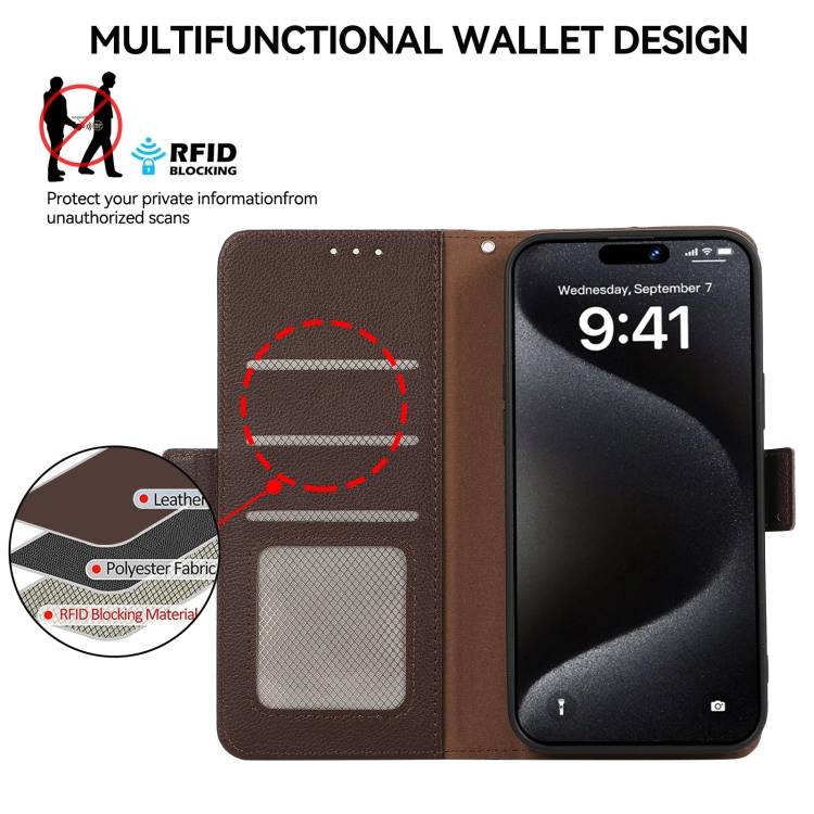 For iPhone 13 Pro Max ABEEL Side-Magnetic Litchi Pattern Leather RFID Phone Case(Brown)