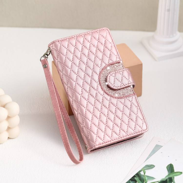 For iPhone 7 / 8 / SE 2022 Glitter Lattice Zipper Wallet Leather Phone Case(Rose Gold)