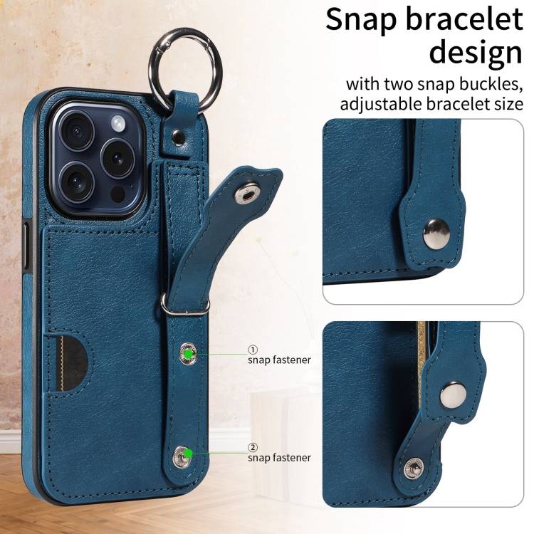 For iPhone 15 Pro Calf Texture Wrist Card Slot Ring Phone Case(Blue)