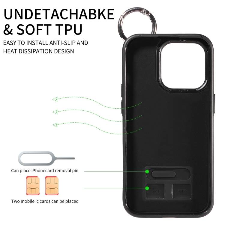 For iPhone 15 Pro Calf Texture Wrist Card Slot Ring Phone Case(Blue)