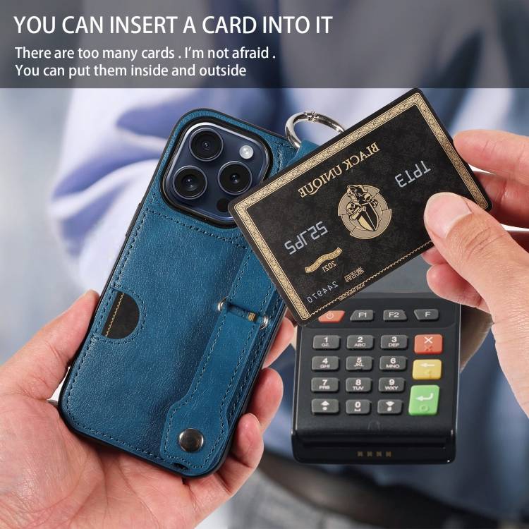 For iPhone 15 Pro Calf Texture Wrist Card Slot Ring Phone Case(Blue)