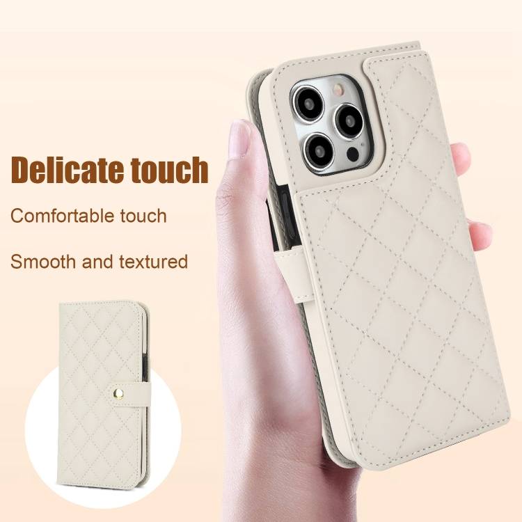 For iPhone 13 Pro Crossbody Multifunction Rhombic Leather Phone Case(White)