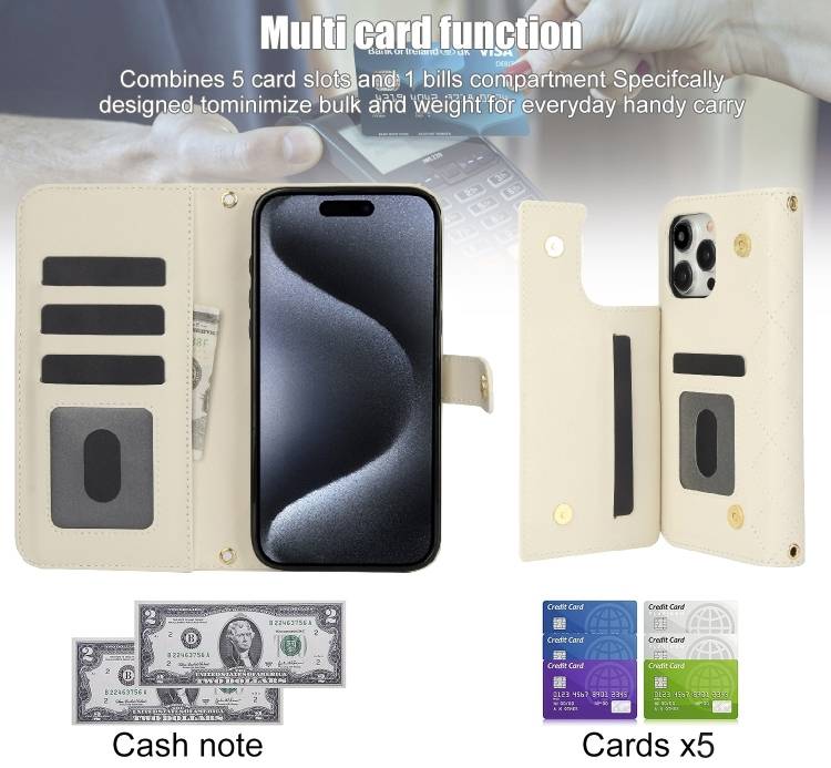 For iPhone 13 Pro Crossbody Multifunction Rhombic Leather Phone Case(White)
