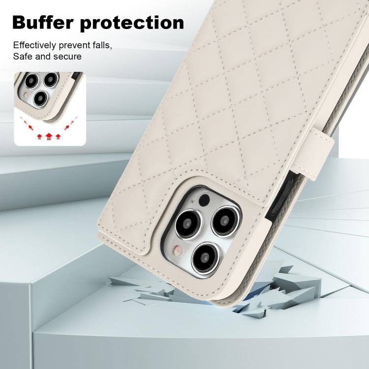 For iPhone 13 Pro Crossbody Multifunction Rhombic Leather Phone Case(White)