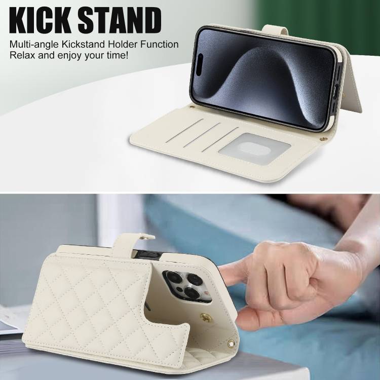 For iPhone 13 Pro Crossbody Multifunction Rhombic Leather Phone Case(White)