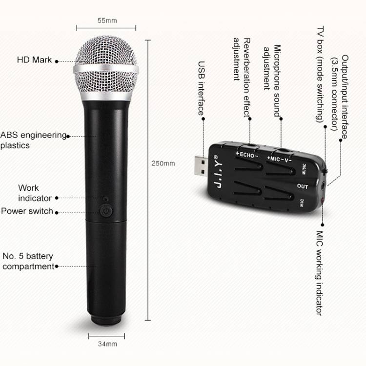 J.I.Y 2 in 1 K Song Wireless Microphones for TV PC with Audio Card USB Receiver (Black)
