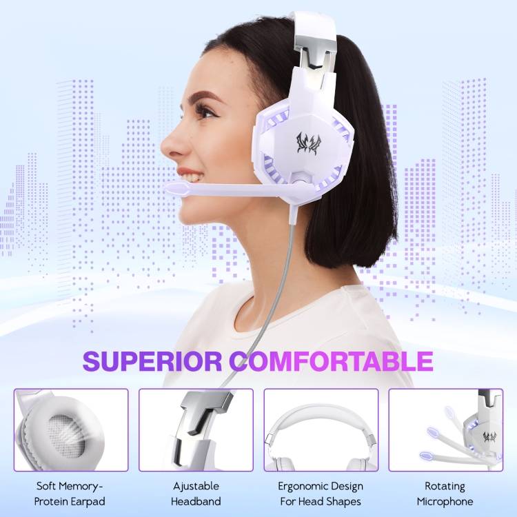KOTION EACH G2000 Over-ear Gaming Headset with Mic Stereo Bass LED Light,Cable Length: 2.2m(White)