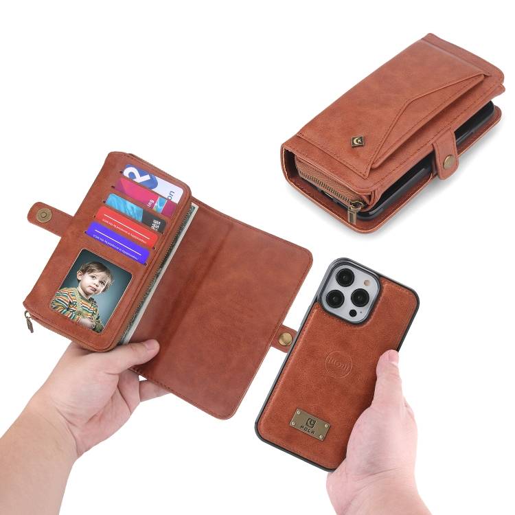 For iPhone 14 Pro Multi-functional Zipper Wallet Leather Phone Case(Brown)
