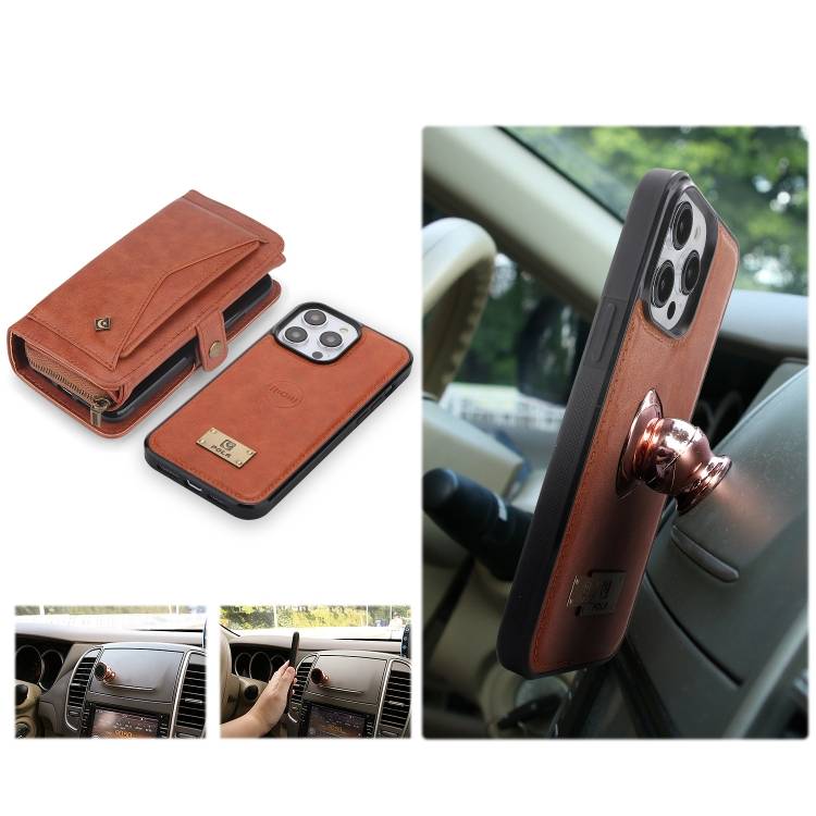 For iPhone 14 Pro Multi-functional Zipper Wallet Leather Phone Case(Brown)