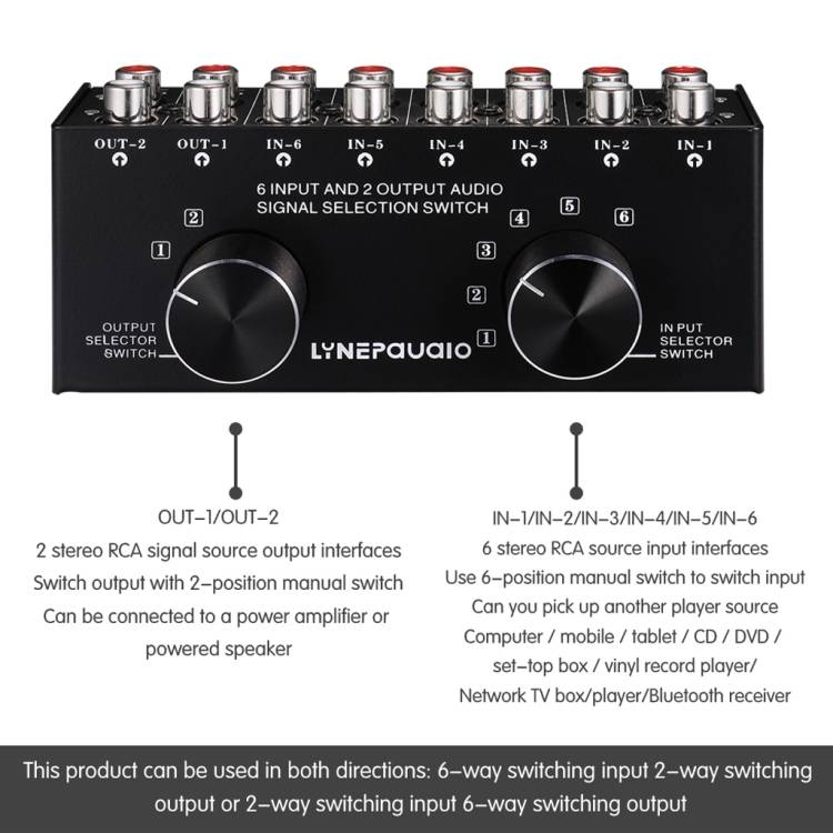 B026 6 Input 2 Output Or 2 Input 6 Output Audio Signal Source Selection Switcher RCA Port