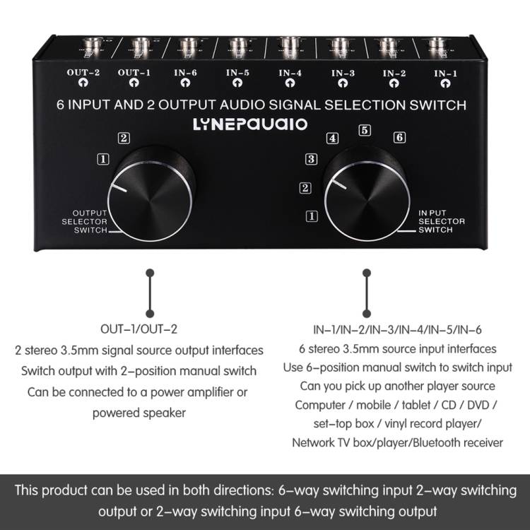 B027 6 input 2 output or 2 input 6 output audio signal source selection switcher 3.5mm interface