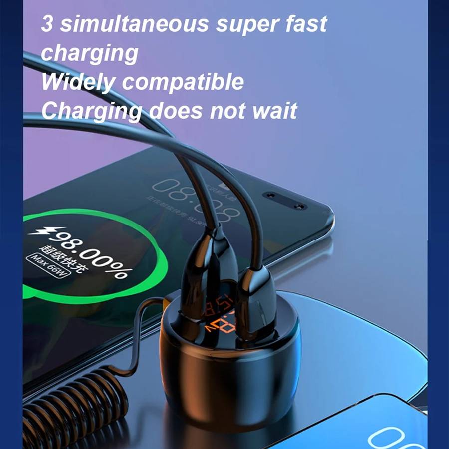 Ozio HX06 151W Type-C + USB Dual Port Car Charger with 3 in 1 Spring Data Cable