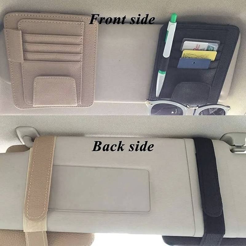 Multifunctional Car Litchi Pattern Glasses Holder Sun Visor Bill Holder (Beige)