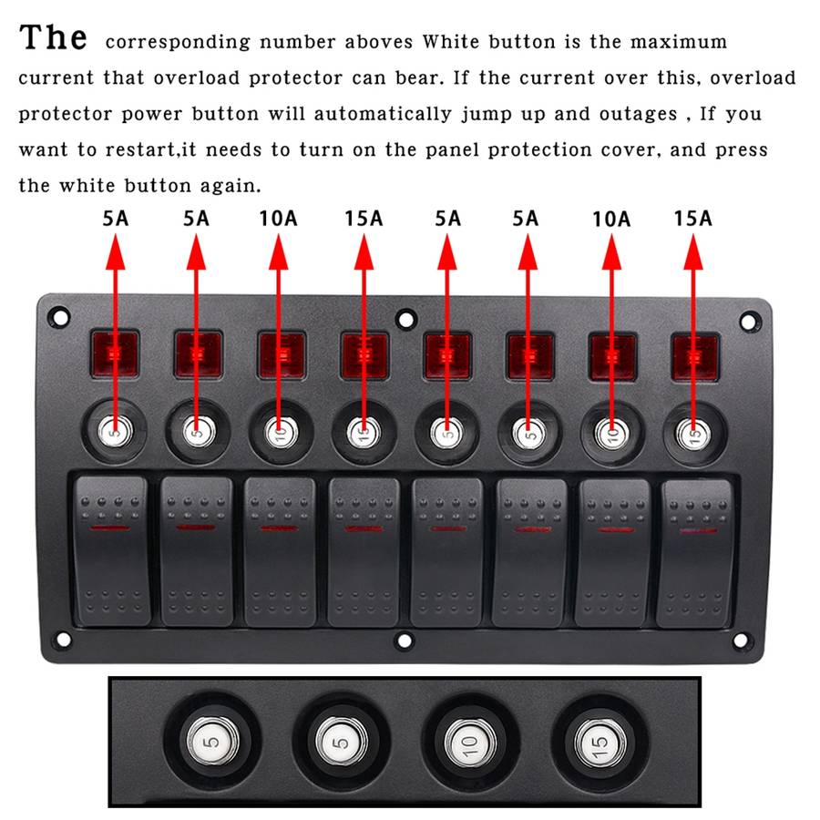 3Pin 8 Way Switches Combination Switch Panel with Light and Projector Lens for Car RV Marine Boat