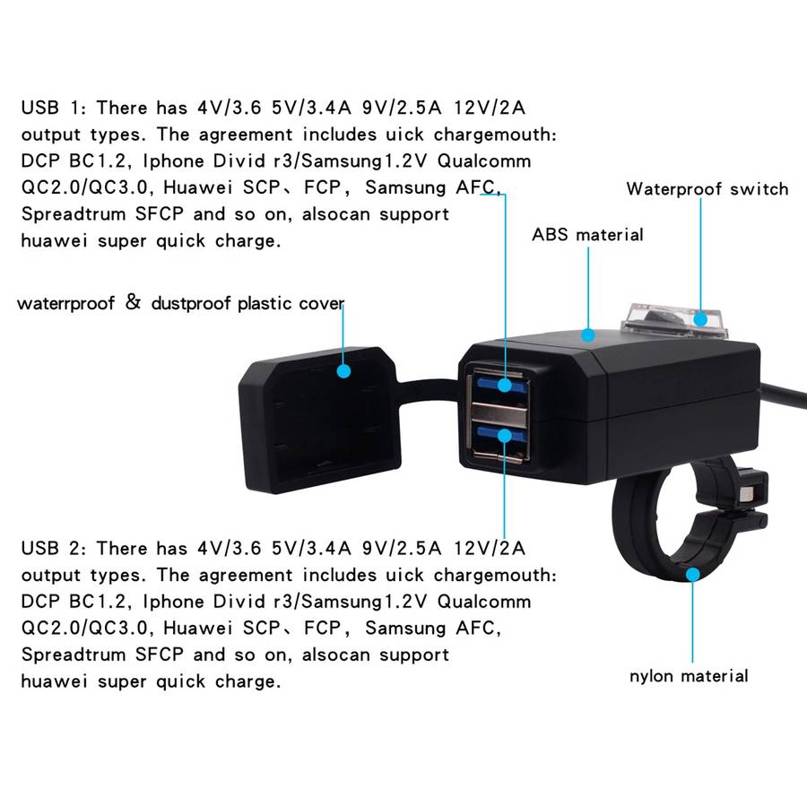 Motorcycle Waterproof QC3.0 Dual USB Fast Charger Adapter with Switch