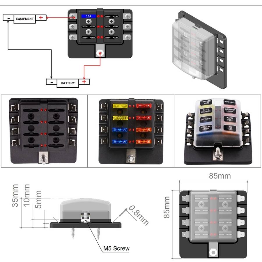 1 in 8 Out Fuse Box PC Terminal Block Fuse Holder Kits with LED Warning Indicator for Auto Car Truck