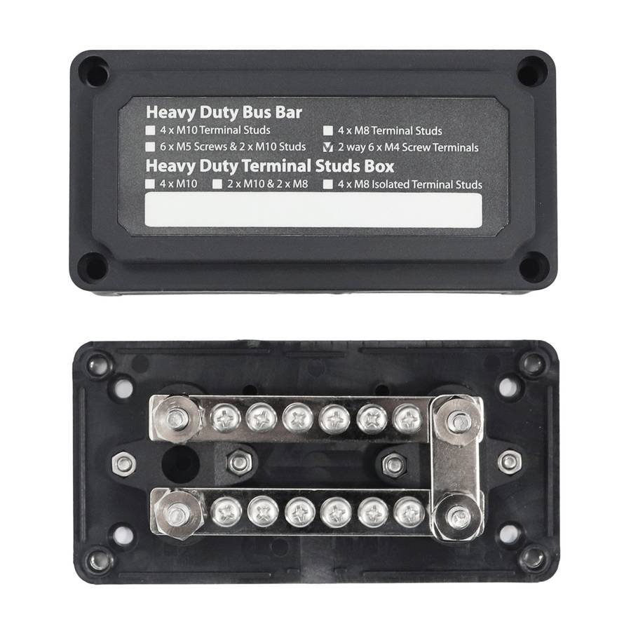 Max DC 48V 100A Heavy-Duty Module Design Bus Bar 4 M6 / 12 M4 Terminal Studs Box Busbar for Car / RV