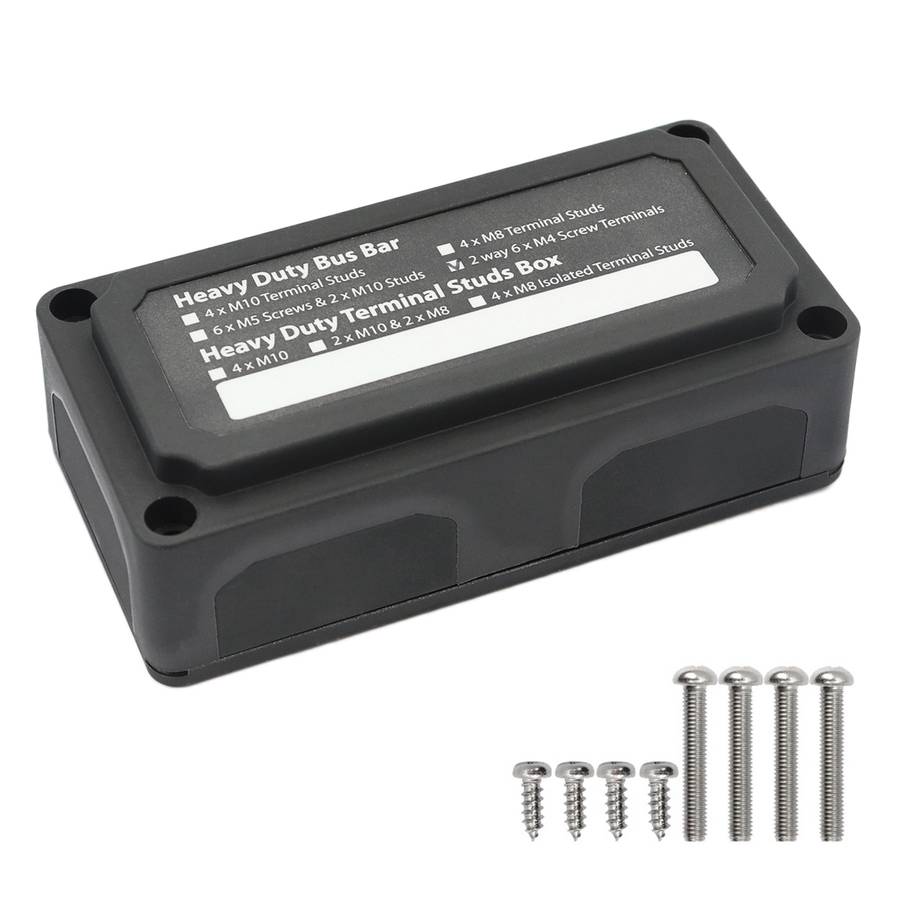 Max DC 48V 100A Heavy-Duty Module Design Bus Bar 4 M6 / 12 M4 Terminal Studs Box Busbar for Car / RV