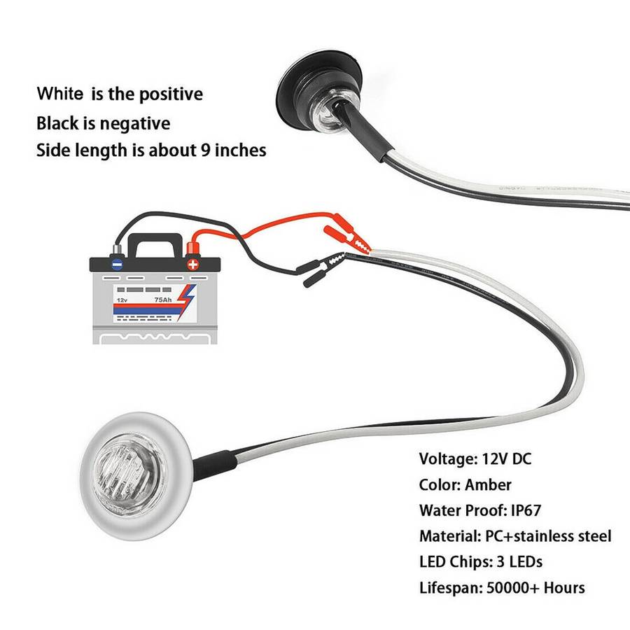 10 PCS MK-118 3/4 inch Metal Frame Car / Truck 3LEDs Side Marker Indicator Light ... (White Light)