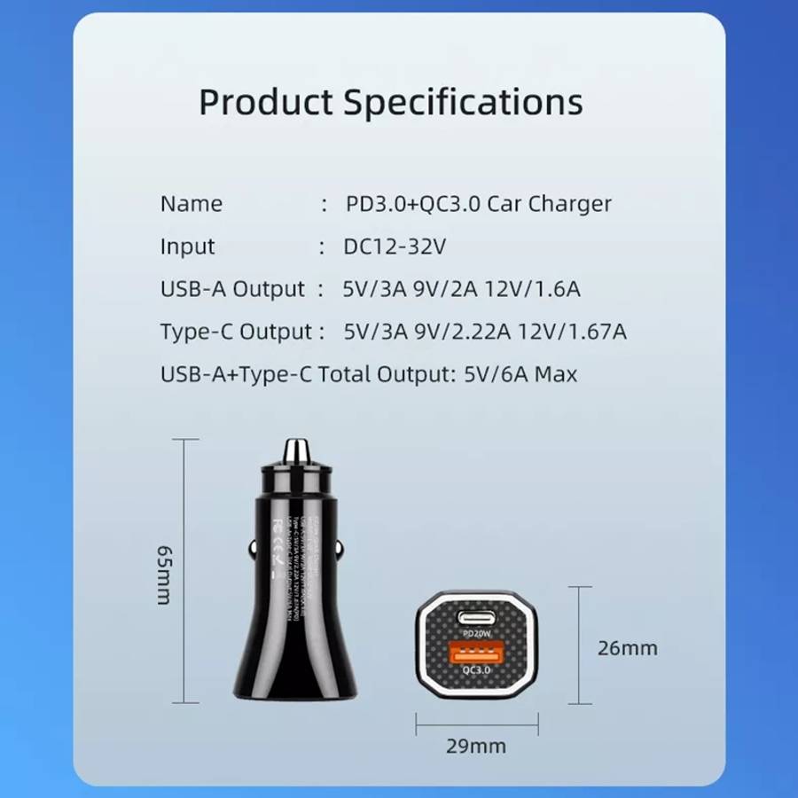 PD + QC3.0 Car 2 in 1 Square Fast Charger Car Cigarette Lighter (White)